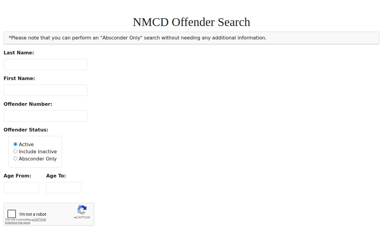 NMCD statewide institutions active and inactive release search form